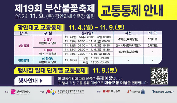 제19회 부산불꽃축제 교통통제 안내
2024.11.9.(토)광안리 해수욕장 일원
광안대교 교통통제 1174.(월)~11.9.(토)
행사장 일대 단계별 교통통제 11.9.(토)
행사안내 교통상황에 따라 탄력적 통제 예정입니다.
행사 기간 교통 혼잡 예상으로 대중교통 이용을 권장합니다
(https://litt.ly/busan_fireworks_)