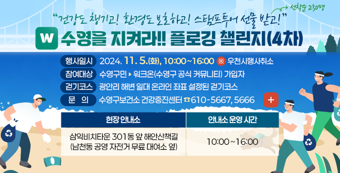 건강도 챙기고! 환경도 보호하고! 스탬프투어 선물 받고!(선착순 250명)
w수영을 지켜라!! 플로깅 챌린지(4차)
행사일시 : 2024. 11. 5.(화), 10:00~16:00 * 우천시행사취소
참여대상 : 수영구민 워크온(수영구 공식 커뮤니티) 가입자
걷기코스 : 광안리 해변 일대 온라인 좌표 설정된 걷기코스
문 의 : 수영구보건소 건강증진센터 610-5667, 5666
더보기+
현장 안내소 삼익비치타운 301동 앞 해안산책길(남천동 공영 자전거 무료 대여소 옆)
안내소 운영 시간 10:00~16:00