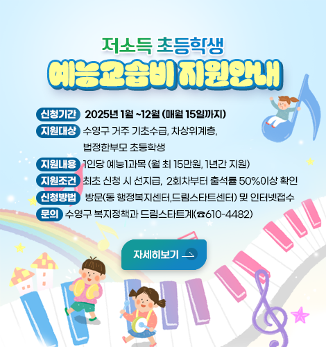 저소득 초등학생 예능교습비 지원 안내
신청기간 : 2025년 1월~12월 (매월 15일까지)
지원대상 : 수영구 거주 기초수급, 차상위계층, 법정한부모 초등학생
지원내용 : 1인당 예능1과목 (월 최대 15만원, 1년간 지원)
지원조건 : 최초 신청 시 선지급,
2회차부터 출석률 50%이상 확인
신청방법 : 방문(동 행정복지센터,드림스타트센터) 및 인터넷접수
문의 : 수영구 복지정책과 드림스타트계(☎610-4482)
자세히보기