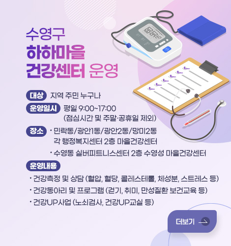 수영구 하하마을건강센터 운영
대상: 지역 주민 누구나
운영일시: 평일 9:00~17:00 (점심시간 및 주말·공휴일 제외)
장소
- 민락동/광안1동/광안2동/망미2동 각 행정복지센터 2층 마을건강센터
- 수영동 실버피트니스센터 2층 수영성 마을건강센터
운영내용
- 건강측정 및 상담 (혈압, 혈당, 콜레스테롤, 체성분, 스트레스 등)
- 건강동아리 및 프로그램 (걷기, 취미, 만성질환 보건교육 등)
- 건강UP사업 (노쇠검사, 건강UP교실 등)
더보기