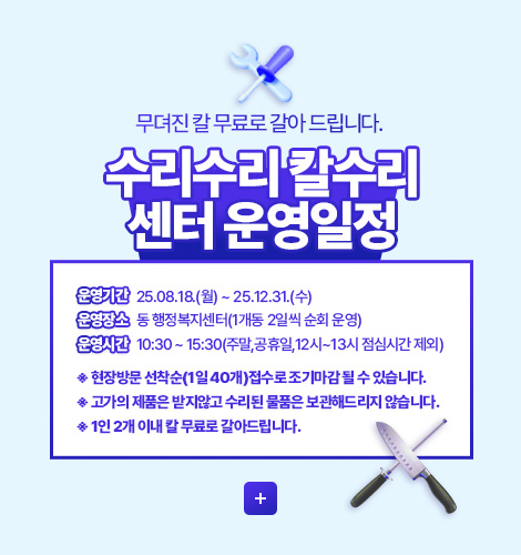무뎌진 칼 무료로 갈아 드립니다.
수리수리 칼수리 센터 운영일정
운영기간 25.08.18.(월) ~ 25.12.31.(수)
운영장소 동 행정복지센터(1개동 2일씩 순회 운영)
운영시간 10:30 ~ 15:30(주말,공휴일,12시~13시 점심시간 제외)
※ 현장방문 선착순(1일 40개)접수로 조기마감 될 수 있습니다.
※ 고가의 제품은 받지않고 수리된 물품은 보관해드리지 않습니다.
※ 1인 2개 이내 칼 무료로 갈아드립니다.
더보기+