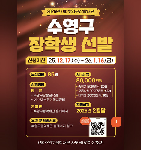 2026년 (재)수영구장학재단
수영구 장학생 선발
신청기한 25.12. 17.(수)~ 26.1. 16.(금)
모집인원 85명
신청방법
방문
- 수영구평생교육과
- 거주지 동행정복지센터
온라인
- 수영구장학재단 홈페이지
요건 및 제출서류
수영구장학재단 홈페이지 참고
지급액
80,000천원
* 중학생 50만원씩/30명
* 고등학생 100만원씩/45명
* 대학생 200만원씩/10명
지급시기
2026년 2월말
장학재단 바로가기(QR코드 : https://www.suyeong.go.kr/library/index.suyeong?menuCd=DOM_000002803002000000)
(재)수영구장학재단 사무국(610-3932)
자세히보기