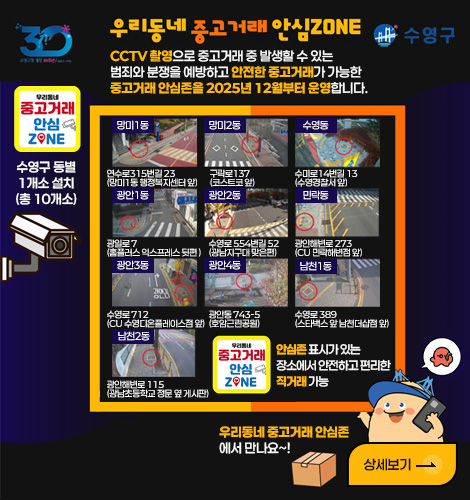 우리동네 중고거래 안심 ZONE
CCTV 촬영으로 중고거래 중 발생할 수 있는
범죄와 분쟁을 예방하고 안전한 중고거래가 가능한
중고거래 안심존을 2025년 12월부터 운영합니다.
우리동네 중고거래 안심ZONE
수영구 동별
1개소 설치
(총 10개소)
망미1동
연수로315번길 23
(망미1동 행정복지센터 앞)
망미2동
구락로137
(코스트코 앞)
수영동
수미로14번길 13
(수영경찰서 앞)
광안1동
광일로 7
(홈플러스 익스프레스 뒷편 )
광안2동
수영로 554번길 52
(광남지구대 맞은편)
민락동
광안해변로 273
(CU 민락해변점 앞)
광안3동
수영로 712
(CU 수영디온플레이스점 앞)
광안4동
광안동 743-5
(호암근린공원)
남천1동
수영로 389
(스타벅스 앞 남천더샵점 앞)
남천2동
광안해변로 115
(광남초등학교 정문 옆 게시판)
우리동네 중고거래 안심 ZONE
안심존 표시가 있는
장소에서 안전하고 편리한
직거래 가능
우리동네 중고거래 안심존
에서 만나요~!
상세보기 >