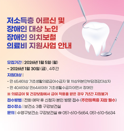 저소득층 어르신 및
장애인 대상 노인
장애인 의치보철
의료비 지원사업 안내
모집기간 | 2026년 1월 5일 (월) ~ 2026년 1월 30일 (금) , 4주간
지원대상 |
- 만 65세이상 기초생활의료급여수급자 및 차상위본인부담경감대상자
- 만 40세이상 만64세이하 기초생활수급자이면서 장애인
※ 의료급여 및 건강보험에서 급여 적용을 받은 경우 7년간 지원불가
접수방법 | 전화 예약 후 신청자 본인 방문 접수 (주민등록증 지참 필수)
접수장소 | 보건소 3층 구강보건실
문의 | 수영구보건소 구강보건실 ☎ 051-610-5654, 051-610-5634