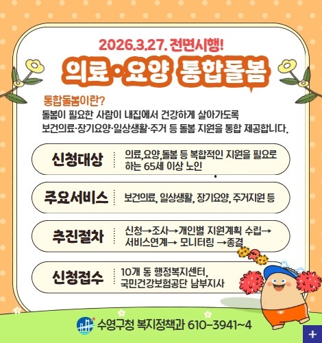 2026.3.27. 전면시행~
의료·요양 통합돌봄
통합돌봄이란?
돌봄이 필요한 사람이 내집에서 건강하게 살아가도록
보건의료·장기요양·일상생활·주거 등 돌봄 지원을 통합 제공합니다.
신청대상 |
의료, 요양, 돌봄 등 복합적인 지원을 필요로 하는 65세 이상 노인
주요서비스 |
보건의료, 일상생활, 장기요양, 주거지원 등
추진절차 |
신청→조사→개인별 지원계획 수립→서비스연계→모니터링→종결
신청접수 |
10개 동 행정복지센터, 국민건강보험공단 남부지사
수영구청 복지정책과 610-3941~4