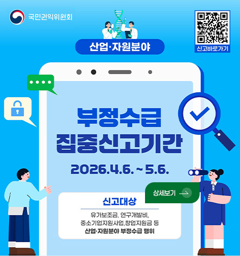 산업·자원분야 부정수급 집중신고기간
QR코드링크(https://m.site.naver.com/23W7h)
신고바로가기
2026.4.6. ~ 5.6.
신고대상
유가보조금, 연구개발비, 중소기업지원사업, 창원지원금 등 산업·자원분야 부정수급 행위
상세보기 >