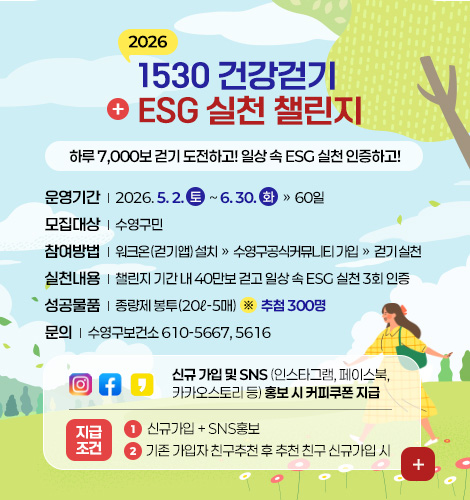 2026
1530 건강걷기
+ ESG 실천 챌린지
하루 7,000보 걷기 도전하고! 일상 속 ESG 실천 인증하고!
운영기간 | 2026. 5. 2. 토 ~ 6. 30. 화 » 60일
모집대상 | 수영구민
참여방법 | 워크온(걷기앱) 설치 » 수영구공식커뮤니티 가입 » 걷기 실천
실천내용 | 챌린지 기간 내 40만보 걷고 일상 속 ESG 실천 3회 인증
성공물품 | 종량제 봉투(20ℓ-5매) ※ 추첨 300명
문의 | 수영구보건소 610-5667, 5616
신규 가입 및 SNS (인스타그램, 페이스북, 카카오스토리 등) 홍보 시 커피쿠폰 지급
지급조건
1 신규가입 + SNS홍보
2 기존 가입자 친구추천 후 추천 친구 신규가입 시
더보기+