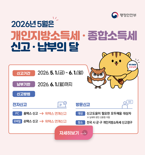 2026년 5월은
개인지방소득세·종합소득세
신고·납부의 달
신고기간 2026.5.1.(금) ~ 6.1.(월)
납부기한 2026.6.1.(월)까지
신고방법
전자신고
PC 홈택스 신고 → 위택스 연계신고
모바일 손택스 신고 → 위택스 연계신고
방문신고
대상 신고도움이 필요한 모두채움 대상자 ※ 납세자 본인 신분증 지참
장소 전국 시·군·구 개인지방소득세 신고창고
자세히보기