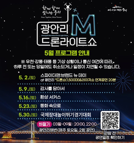 함께 할때 빛나는 우리
광안리M드론라이트쇼 5월 프로그램 안내
※ 우천·강풍·태풍 등 기상 상황이나 통신 여건에 따라, 하루 전
또는 당일에도 취소되거나 일정이 지연될 수 있습니다.
5. 2.(토) 스파이더맨:브랜드 뉴 데이 at광안리 *드론쇼(1,500대)&레이저쇼 연계공연 20분
5. 9.(토) 감사를 담아서
5. 16.(토) 환상 서커스
5. 23.(토) 동화 속으로
5. 30.(토) 국제장대높이뛰기경기대회
하절기 03월~09월 : 20:00, 22:00
광안리해변(매주 토요일, 2회 공연)
QR코드링크(https://www.gwangallimdrone.co.kr/)
관람 전 공연일정 확인하기