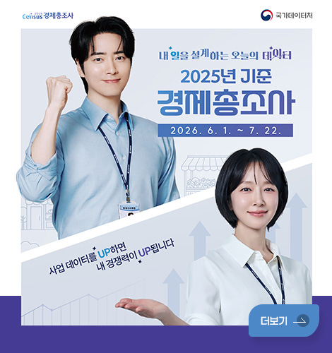 Census 경제총조사 / 국가데이터처
내일을 설계하는 오늘의 대이터
2025년 기준 경제총조사
2026. 6. 1. ~ 7. 22.
사업 데이터를 UP하면 내 경쟁력이 UP됩니다
더보기