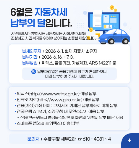 6월은 자동차세
납부의 달입니다.
시민들께서 납부하시는 자동차세는 사회기반시설을
조성하고 시민 복지를 위하여 쓰여지는 소중한 재원입니다.
납세의무자 | 2026. 6. 1. 현재 자동차 소유자
납부기간 | 2026. 6. 16. ~ 7. 3.
납부방법 | 위택스, 금융기관, 가상계좌, ARS 142211 등
※ 납부마감일은 금융기관의 창구가 혼잡하오니, 미리 납부하여 주시기 바랍니다.
· 위택스(http://www.wetax.go.kr) 이용 납부
· 인터넷 지로(http://www.giro.or.kr) 이용 납부
· 전용(가상)계좌 이체 : 고지서에 기재된 납부계좌로 이체 납부
· 전국은행 ATM기, 수영구청 내 무인수납기 이용 납부
- 신용(현금)카드나 통장을 삽입한 후 화면의 지방세 납부 메뉴 이용
· 스마트폰 앱(스마트위택스) 이용 납부
문의처 | 수영구청 세무2과 ☎ 610 – 4081 ~ 4
더보기+